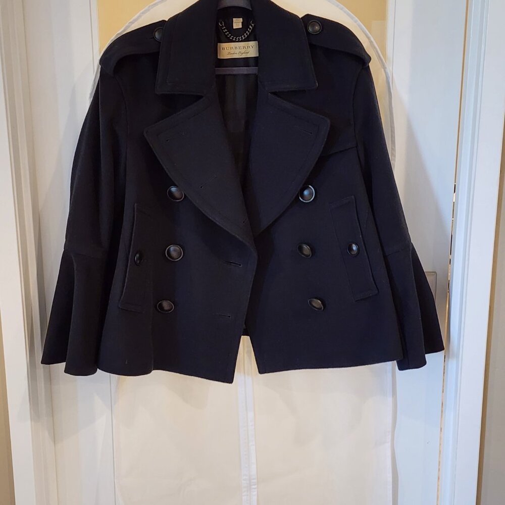 Excellent!!| US 10| BURBERRY: Black Cropped Military Wool Cashmere Jacket Coat